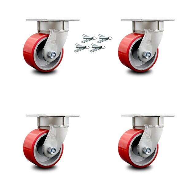Service Caster 4 Inch Kingpinless Red Poly on Steel Wheel Swivel Caster Set with Swivel Lock SCC-KP30S420-PUR-RS-BSL-4 - main
